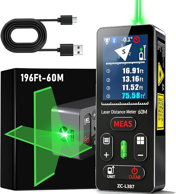 ZC-L387 Laser Measurement Tool 196Ft/60m Green Laser Distance Meter with Horizontal Crosshair,Backlit LCD Screen and Voice Prompt Length/Area/Volume (M/FT/Inch) Home/Indoor-Outdoor Professional
