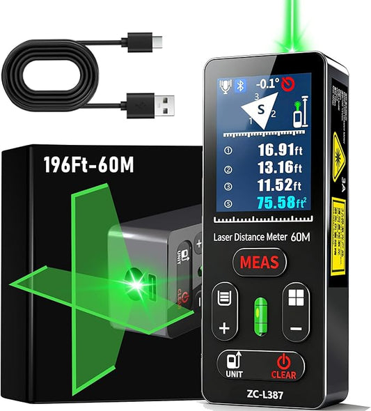 ZC-L387 Laser Measurement Tool 196Ft/60m Green Laser Distance Meter with Horizontal Crosshair,Backlit LCD Screen and Voice Prompt Length/Area/Volume (M/FT/Inch) Home/Indoor-Outdoor Professional