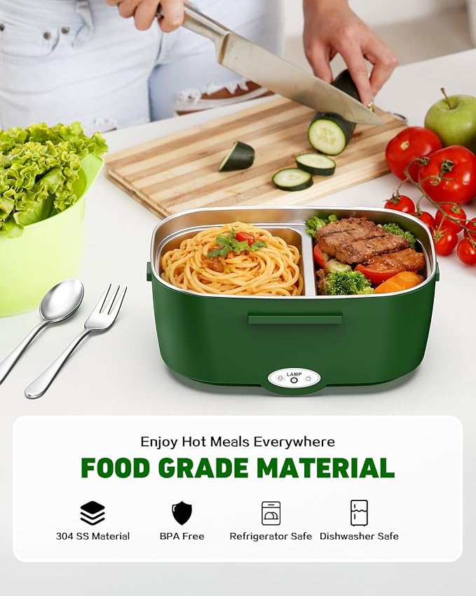 80W Electric Lunch Box Food Warmer for Car/Truck/Office, 110V/24V/12V Portable Heated Lunch Box for Adults, Dual 1.5L Stainless Steel Containers, Leak-Proof & Fast Heating, 3-in-1 Design