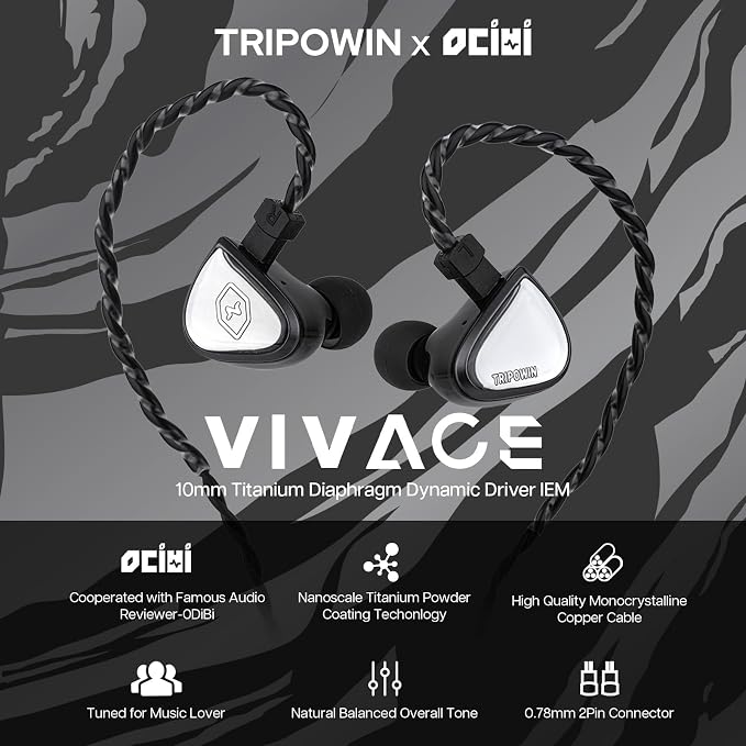Linsoul Tripowin x 0DiBi: Vivace in Ear Monitor, 10mm Titanium Diaphragm Dynamic Driver IEM, HiFi Wired Earbuds Earphone, Gaming Earbuds with 2Pin Detachable Cable for Musicians Audio Enthusiasts