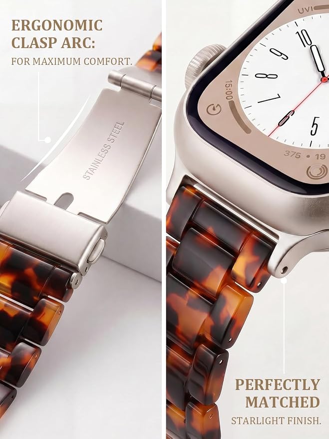 V-MORO Resin Band Compatible with Apple Watch Series 11/10/9/8/7 46mm 45mm 44mm 42mm Lightweight Fashion Strap for iWatch Ultra 49mm Series 6/5/4/3/2/1/SE with Metal Buckle Wristband Women Men(Tortoise)