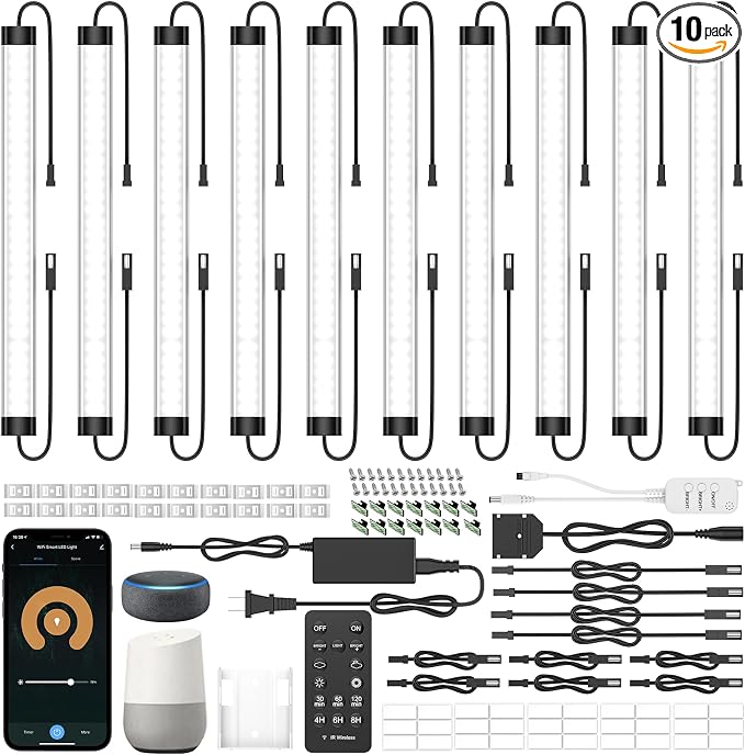 LABOREDUCER Under Cabinet Lights Plug in 10 Pack,11inch Ultra Thin LED Dimmable Closet Lights with Remote and Alexa Google APP,Under Counter Lights for Kitchen,Cabinet,Workbench (10Pack Cold White)