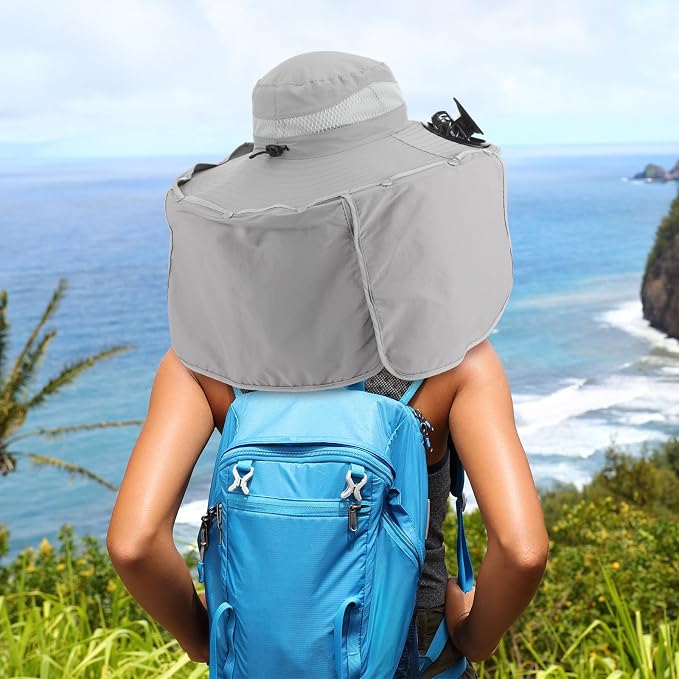 Chuarry Wide Brim Sun Hat with 2 Solar Fans and Neck Flap Outdoor Solar Powered USB Charging Bucket Fishing Hat for Men Women