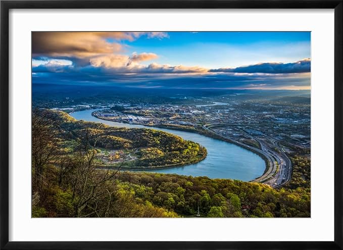 ART.COM Wall Photographic Print Drone Aerial View of Downtown Chattanooga Tennessee TN and Tennessee River on Black Frame, 29" x 21"