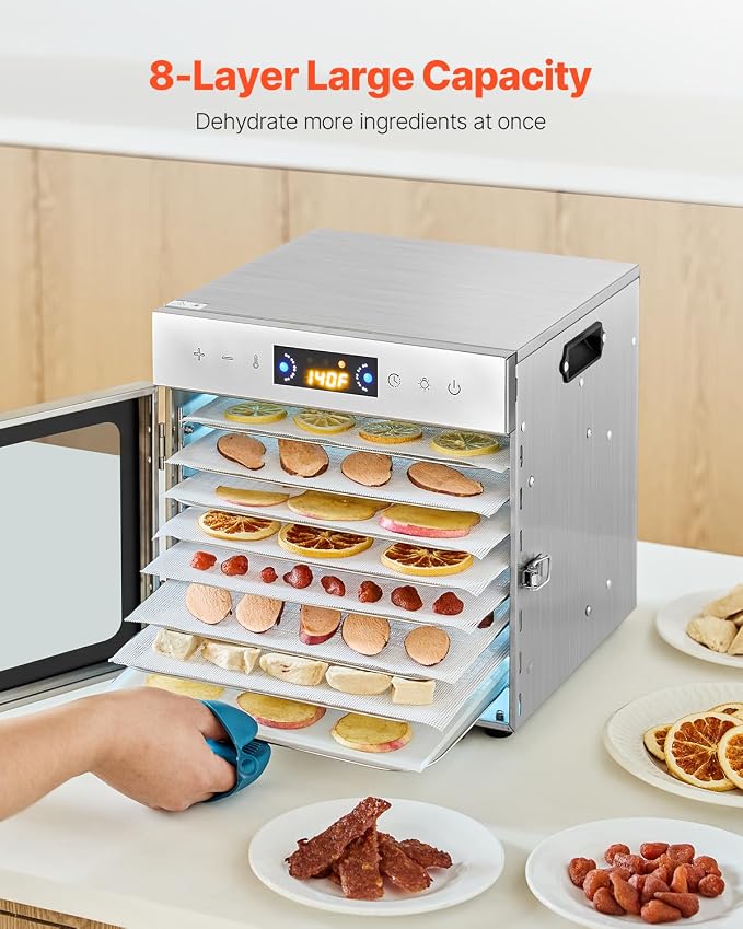 VEVOR Food Dehydrator Machine, 8 Stainless Steel Trays, 400W Electric Food Dryer with Adjustable Temperature & 24-Hour Timer, Food Dehydrator for Jerky, Meat, Fruit, Vegetables, Herbs, Dog Treats