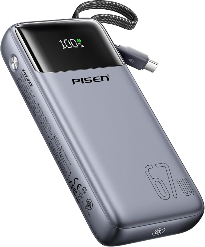 PISEN 3C Certified Power Bank - 20000mAh 67W CCC Power Bank with Built in Cable, Travel Battery Pack Portable 3C Charger with LED Display, 67W Portable Charger with Built in Cable for iPhone, MacBook