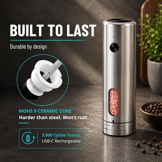Rechargeable Electric Salt and Pepper Grinder Set of 2 with Charging Base, Automatic One-Hand Pepper Mill, Top-Fill 3.7 oz, 6 Coarseness Levels, Stainless Steel, USB-C with LED