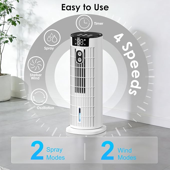 Portable Air Conditioners, 4 in 1 Evaporative Air Cooler, 1000ML Tower Fan with Remote, 3 Wind Speeds&Turbo Mode, 2 Mist,10H Timer, 90° Oscillation Portable AC for Home, Office CoamoTrail (Beige)