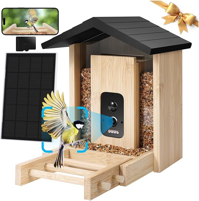 Smart Bird Feeder with Camera, 2.5K HD Camera Bird Feeder, AI Identify, Solar & Battery Powered, Auto Capture & Notify in Time, Bamboo Wooden, Ideal Gift for Family(1.55L)