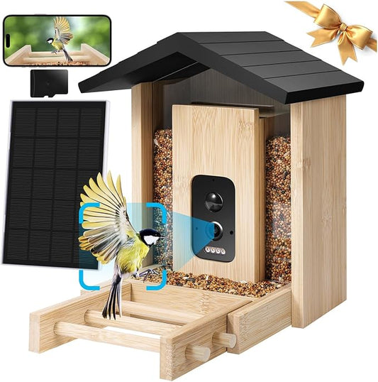 Smart Bird Feeder with Camera, 2.5K HD Camera Bird Feeder, AI Identify, Solar & Battery Powered, Auto Capture & Notify in Time, Bamboo Wooden, Ideal Gift for Family(1.55L)