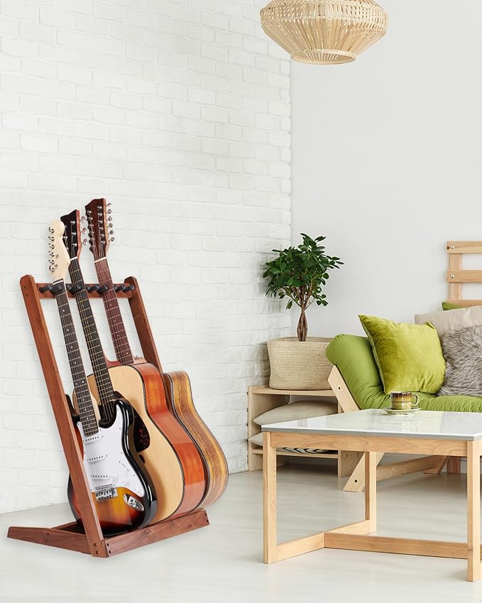 Multi Guitar Stand, Black Walnut Guitar Rack for 3 Acoustic/5 Electric/Bass | Guitar rack with soft felt pad and neck holder, guitar rack multiple guitars saves floor space, ideal for home studio display