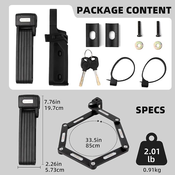 Venzio Folding Bike Lock, 7mm Heavy Duty Anti-Theft Lock with Key, 85cm/33.5in Hardened Steel Foldable Lock with Mounting Bracket for Bikes, E-Bikes & Scooters