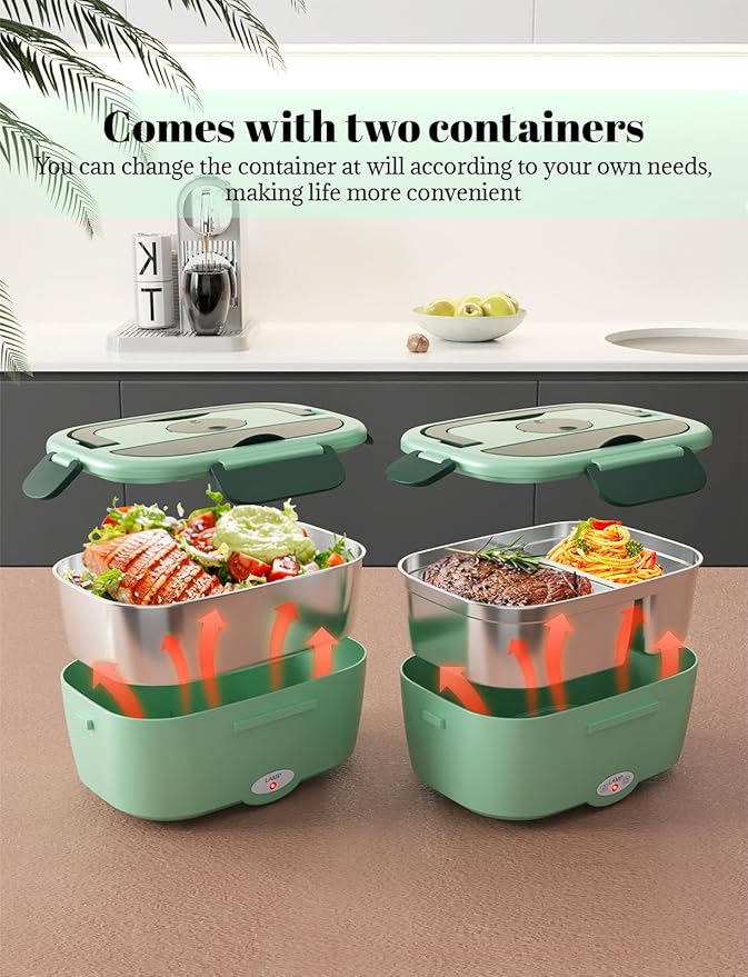Sitlais Electric Lunch Box for Adults - Fast Heating Portable Food Warmer with 2 of 53oz 304 Stainless Steel Containers 12V/24V/110V Heated Lunch Box for Men&Women Work Office Truck Travel lonchera