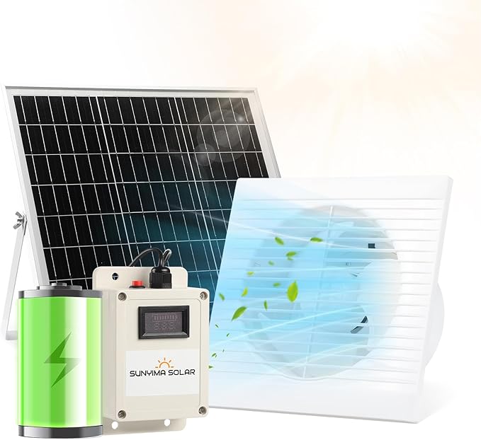 Solar Powered Fan with Battery,20W Solar Panel Weatherproof+ 8'' Solar Exhaust Fan with 9.84Ft On/Off Cable for Greenhouse Circulation, Chicken Coop, Shed, Pet Houses, Ventilation