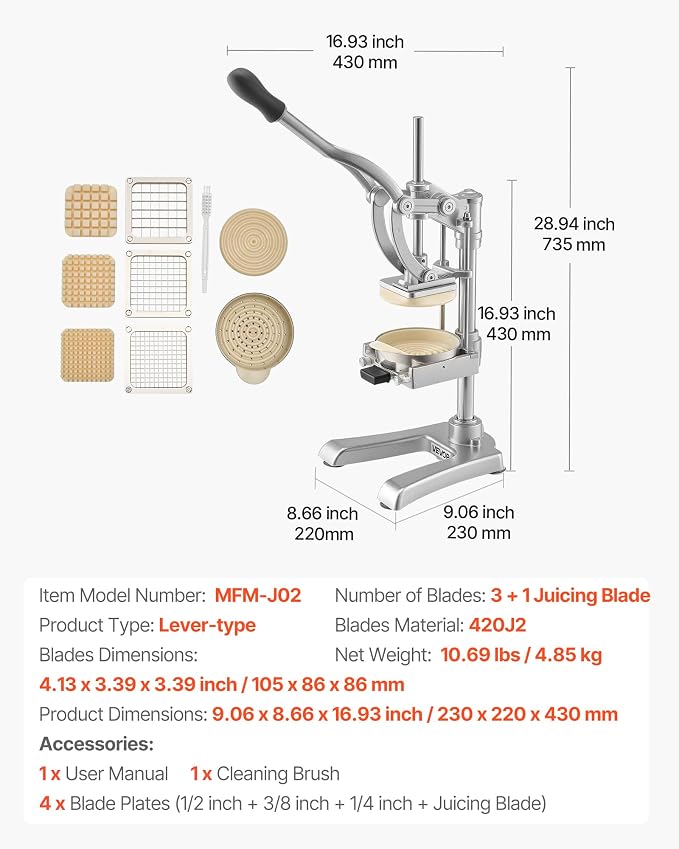 VEVOR French Fry Cutter, Ergonomic Potato Slicer with 3 Blades (1/2", 3/8", 1/4") & Juicer Plate, Easy-Replace Vegetable Chopper Dicer for Carrot, Onion, Lemon, Ideal for Home & Commercial Kitchens