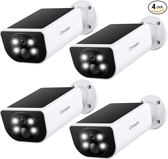 Cinnado Security Cameras Wireless Outdoor - Home Security Cameras Solar & Battery Powered with 2K Color Night Vision, 2-Way Talk & Spotlight, Continuous Power, 2.4 GHz Wi-Fi, Easy Set Up, S1 4 Pack