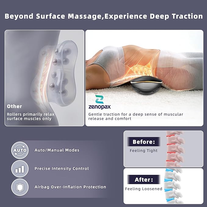 Zenopax 4-in-1 Electric Lumbar Traction Device - Adjustable Back Massager for Deep Tissue Pain Relief with Heat, Vibration, Electrotherapy, Home Lumbar Decompression ＆ Sciatica Relief(Golden)