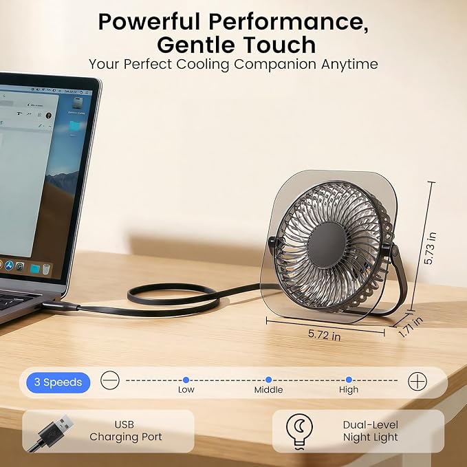 Electactic Desktop Fan with LED Night Light, 3 Adjustable Wind Speeds, Foldable & Adjustable Angle, USB Powered Ultra Quiet Personal Fan, Compact ABS Portable Cooling Fan for Home Office Bedroom Desk