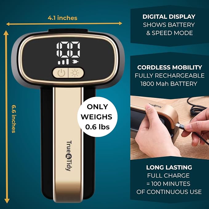 True & Tidy Dual Head Fabric Shaver, Lint & Pet Hair Remover for Clothes & Furniture, Type-C Rechargeable Defuzzer w/LED Light, Digital Display, 3 Speeds, Pill Remover for Sweaters, Upholstery, Couch