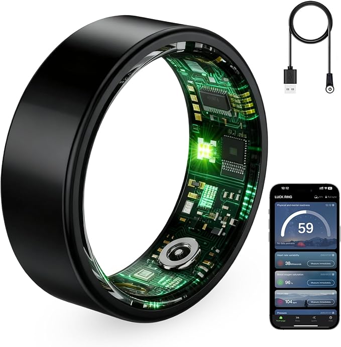 Smart Ring for Women & Men, Fitness Tracker Ring with Heart Rate Monitor, HRV, Sleep Tracking, No Subscription Fee, 10ATM Waterproof Activity Ring for Android & iPhone (Black, 7#)