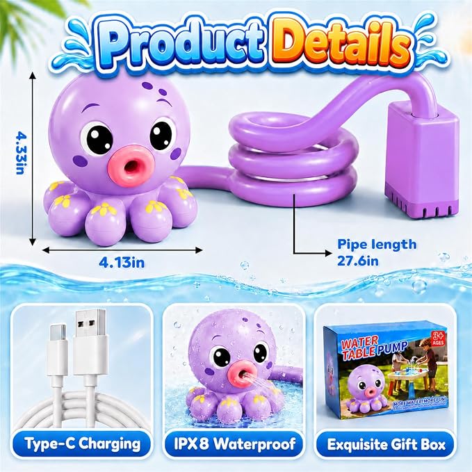 Upgraded Octopus Water Table Pump with Huge Water Output, 3H Non-Stop Fun for Step 2, Rechargeable Water Pump for Water Table, Water Table Accessories for Kids, Toddlers Summer Water Toys (Pump Only)