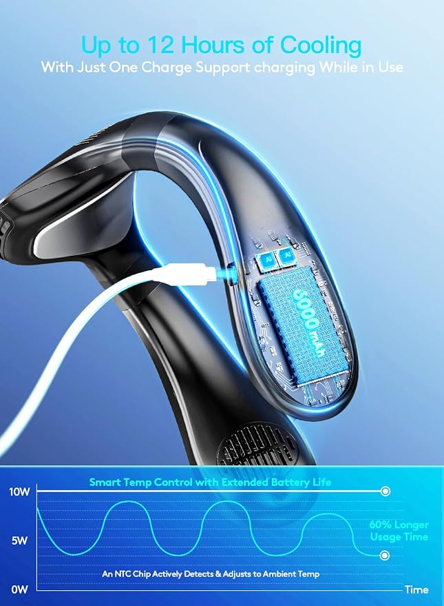 Neck Air Conditioner Portable, Neck Fan with Large Cooling Plate & NTC Control,Upward & Downward Back Airflow, 6000mAh Bladeless Wearable Fan for Outdoor, Travel, Office, Golf (Black)