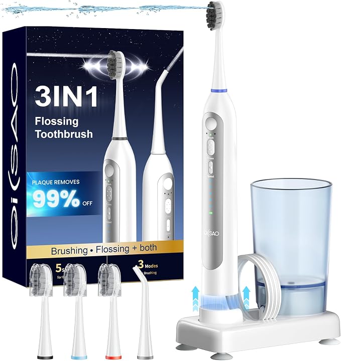 Electric Toothbrush with Water Flosser Combo, 3-in-1 Sonic Flossing Electric Toothbrush for Travel & Home, 330ml Easy-Clean Cup, 5 Speeds & 3 Modes for Braces, IPX7, 30-Day Battery, White
