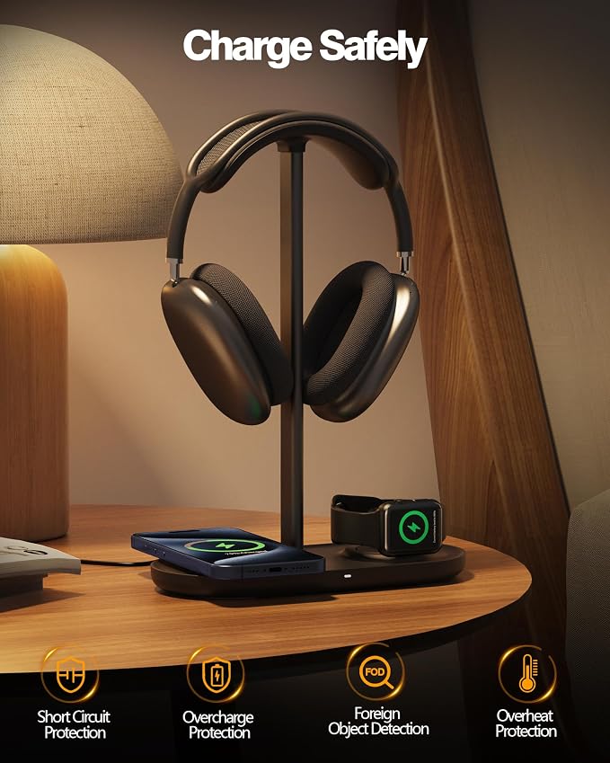 HiWe Headphone Stand, 2-in-1 Wireless Charger for iPhone/Apple Watch, Aluminum Alloy Rod, Minimalist Desk Organizer, Black