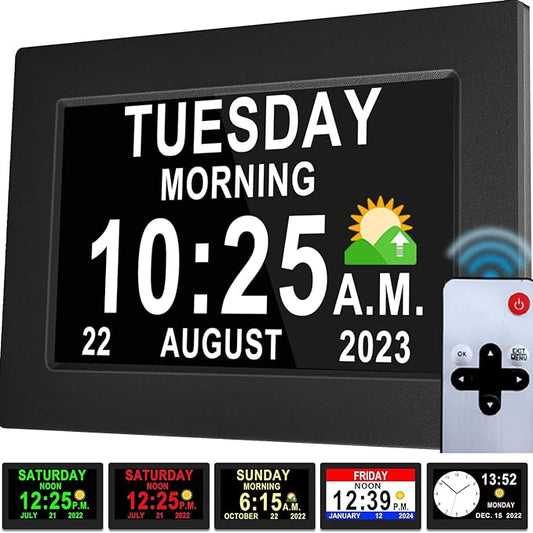 [New Version] 7 Inch Day Clock - 19 Alarms,20 Custom Reminder, Remote Control, Level 10 Auto Dimmable Display Calendar Clock, Non-Abbreviated Day Date Alarm Clock for Impaired Vision Dementia Seniors