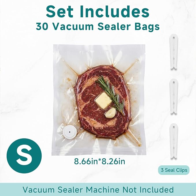 Mehomeli Reusable Vacuum Sealer Bags for Food – 30 BPA-Free Small (8.66in × 8.26in) Food Storage Bags, Freezer Microwave Safe, Odor-Resistant, Leak-Proof – Compatible with Handheld Vacuum Sealers