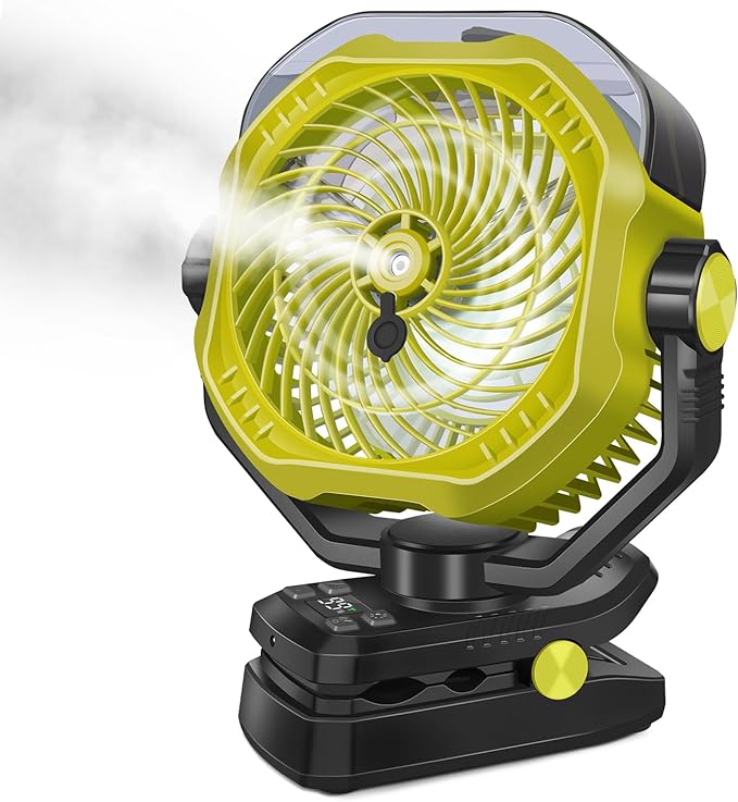 Portable Rechargeable Misting Fan with 12oz Mist, Battery Life Display, Remote, Timer, Light, 5 Speeds, 9-Inch, 10000mAh 60H Battery Powered Clip Fan for Stroller, Travel, Outdoor, Poweroutage