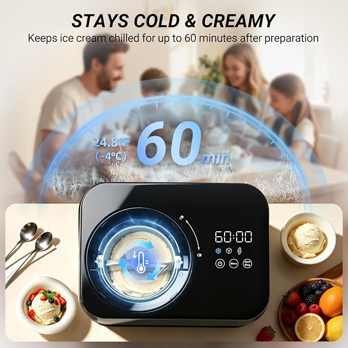 Inoviva Ice Cream Maker Automatic 1.7 Pt, No Pre-Freezing,Built-In Compressor, Digital Display & Timer,3 Presets, Makes ice cream, Gelato, Perfect for home & party, IM001