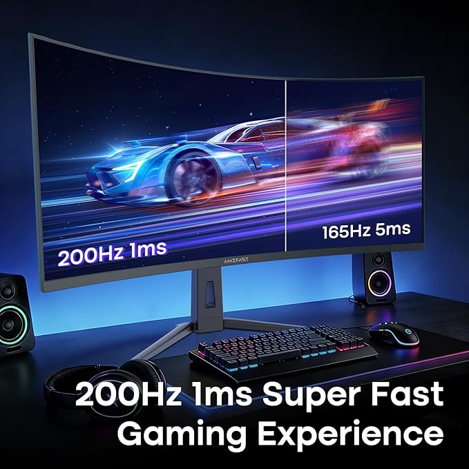 Amzfast 34 Inch Curved Monitor 200Hz UWQHD (3440x1440) Gaming Monitor, 1ms G-SYNC Compatible, 1500R, PIP/PBP, HDR, 131% sRGB, Tilt/Swivel/Height Adjustable,TÜV Rheinland, HDMI 2.1 x 2 & DP 1.4 x 1