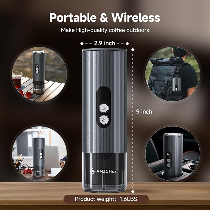 AMZCHEF Portable Coffee Maker Rechargeable w/ 9000mAh Battery, 2-in-1 Travel Espresso Maker for Ground/NS Capsules, Car Espresso Machine Self-Heating for Camping, RV, Hiking, Office