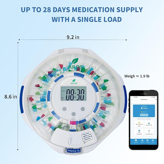 JULOS Bluetooth Automatic Pill Dispenser with Sound/Light/App Alerts for Seniors, Locked 28-Day Medication Organizer, up to 9 Alarms/Day, Pill Dispenser for Vitamins & Supplements & More, Clear Lid