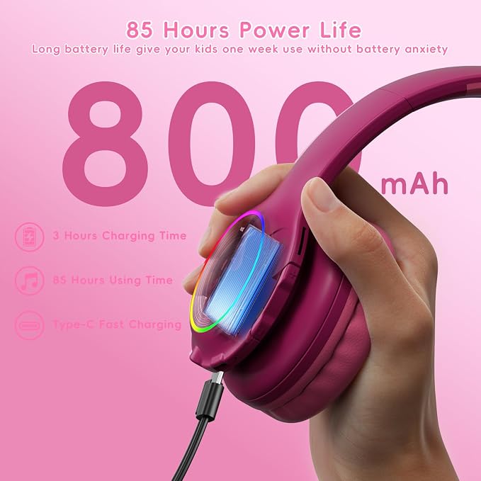 Candy Bila Kids Bluetooth 6.0 Headphones with LED Light, 85Hours Playtimes, Type-C Fast Charging, 85/94dB Volume Limited, Comfort Wireless Headphones with Built-in Mic, Wired & TF Card Mode, Hot Red
