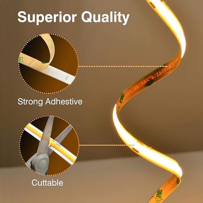 Pandery COB LED Strip Lights Warm White,24V Dimmable led Light Strip KIT with Remote and app Control,3000K 65FT/20m 8mm Wide Ra>90 Cuttable Flexible Strip Lights for Bedroom,Shelf,Cabinet