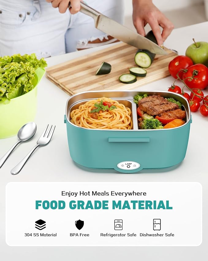 80W Electric Lunch Box Food Warmer for Car/Truck/Office, 110V/24V/12V Portable Heated Lunch Box for Adults, Dual 1.5L Stainless Steel Containers, Leak-Proof & Fast Heating, 3-in-1 Design