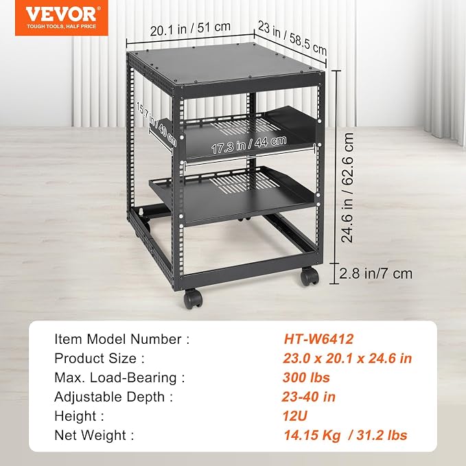 VEVOR 12U Open Frame Server Rack, 23-40 in Adjustable Depth, Free Standing or Wall Mount Network Server Rack, 4 Post AV Rack with Casters, Holds All Your Networking IT Equipment AV Gear Router Modem