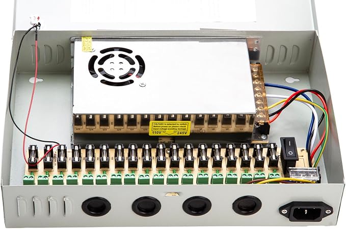 18 Channel Port 12V DC 20 Amp Amper with Glass Tube Fuse Distributed Power Supply Box for CCTV DVR Security System and Camera or Cameras