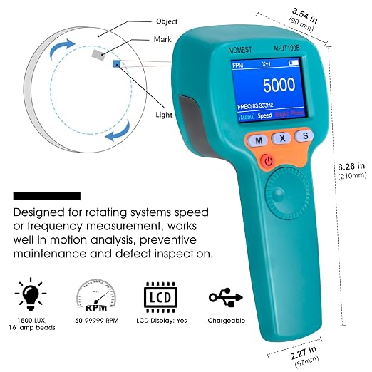 Digital LED Stroboscope High Illuminance 1500LUX Measuring 60~999,999 RPM/Hz,Non-Contact Tachometer Adjustable Strobe Light Timing Speedometer Rechargeable for HVAC Motor Engine Speed Tester | 0.001% High Accuracy, Freeze Motion in Real-Time, Adjustabl...