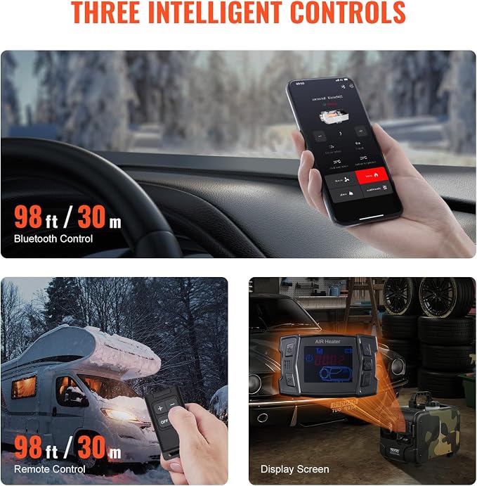 VEVOR 8KW Diesel Heater, 12V/24V All in One Diesel Air Heater, Bluetooth APP Control, Remote Control and Display Screen, CO Alarm, Fast Heating Horizontal Portable Diesel Heater for Vehicles, Garage