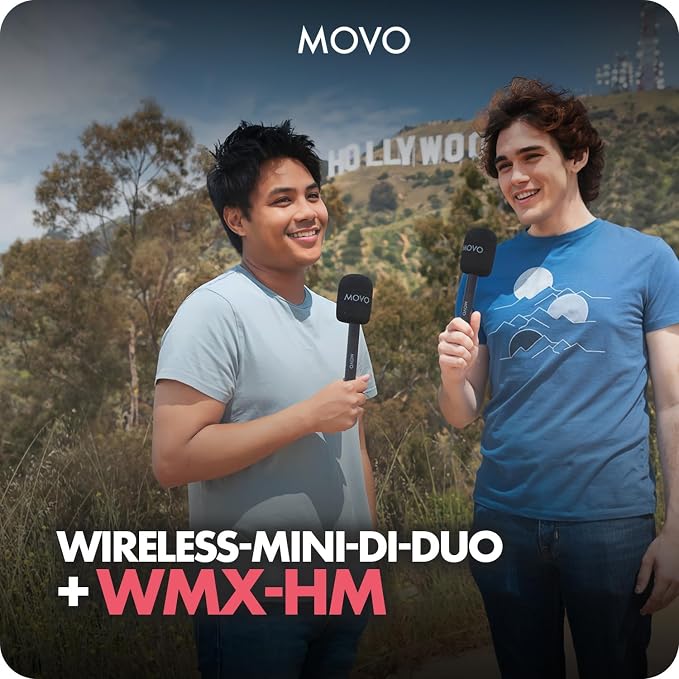 Movo Wireless Mini DI Duo Dual Ultra Compact Wireless Lavalier Microphones for iPhone with Handheld Adapter - Lapel Mic with Handle Mount for Content Creators, Interviews, Reporting and More