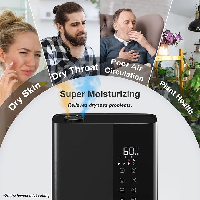 JRD Warm & Cool Mist Humidifiers for Bedroom 5L, Quiet Ultrasonic Air Humidifier Fast Symptom Relief, 50H Runtime, Oil Diffuser, 12H Timer, 7 Color Light for Large Room, Office, Baby, Plants-Black