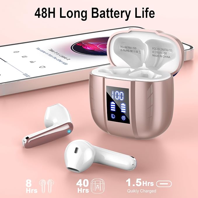 Wireless Earbuds, Bluetooth 5.4 Headphones, 48H, Stereo Ear Buds, LED Display Earphones with Mic, IP7 Waterproof In EarBud, Comfort Fit, Bluetooth Earbuds for Phone Android iOS, Sport, Walk, ose Gold