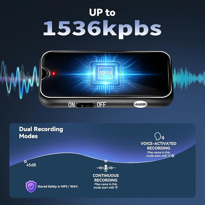 Voice Activated Recorder 64GB Digital Voice Recorder with Playback MP3 Magnetic Portable Small Audio Recording Device with DSP 5.0 AI Noise Reduction for Lectures, Meetings & Work（Black）