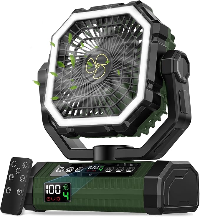 Camping Fan Rechargeable, 24000mAh Battery Powered Fan with Digital Display, 4 Speed Rechargeable Fans Portable with Remote, Cordless Battery Operated Fans with LED Light and Hanging Hook for Tent