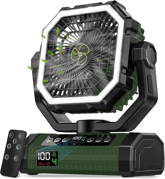 Camping Fan Rechargeable, 24000mAh Battery Powered Fan with Digital Display, 4 Speed Rechargeable Fans Portable with Remote, Cordless Battery Operated Fans with LED Light and Hanging Hook for Tent