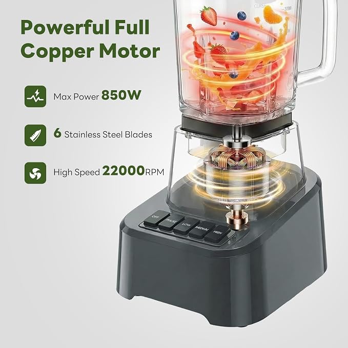 OLIXIS Professional Blender for Smoothies, Full-Size Kitchen Blender with 850 Peak Watts & 54oz Large Glass Pitcher, 4 Speeds with Pulse for Ice Crushing Frozen Fruits, Dishwasher Safe, Grey