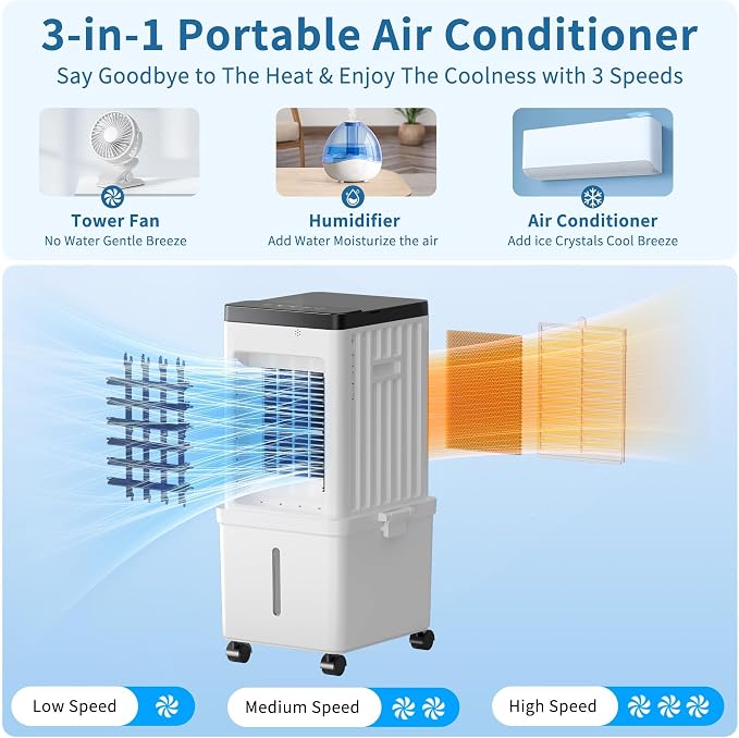 Portable Air Conditioners, Swamp Cooler Portable AC Unit with Removable 2.6 Gal Water Tank, Windowless Evaporative Air Cooler with 3 Speeds for Bedroom & Office, Fast Cooling Portable AC for Home Use